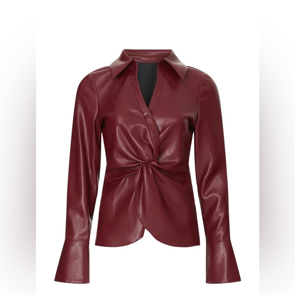Cinq à Sept Mckenna Twist Front Faux Leather Top in Burgundy - Picture 4 of 6